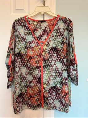 Siena Studio Multicolor Chevron Print Blouse with Coral Trim